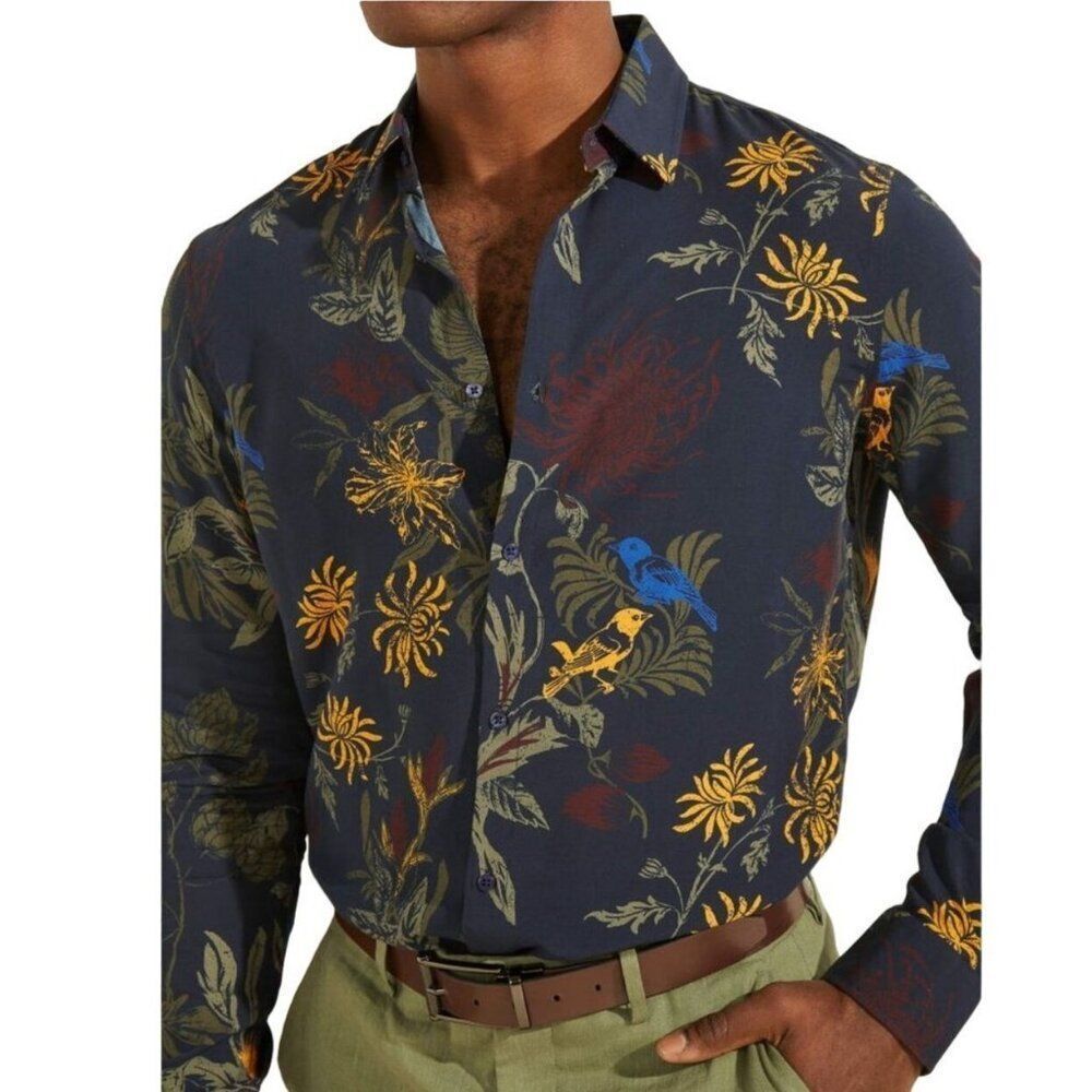 NWT MARCIANO by Guess Button Down Shirt L Majorelle Floral Print Bird Collared